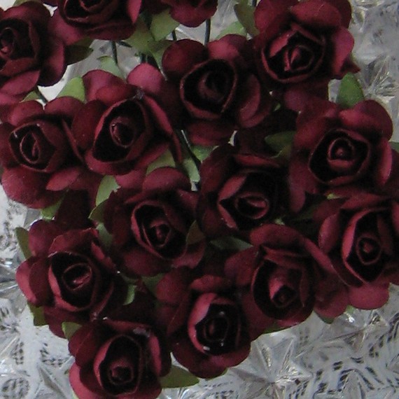 Wedding - Paper Millinery Flowers 24 Small Handmade Roses In Burgundy