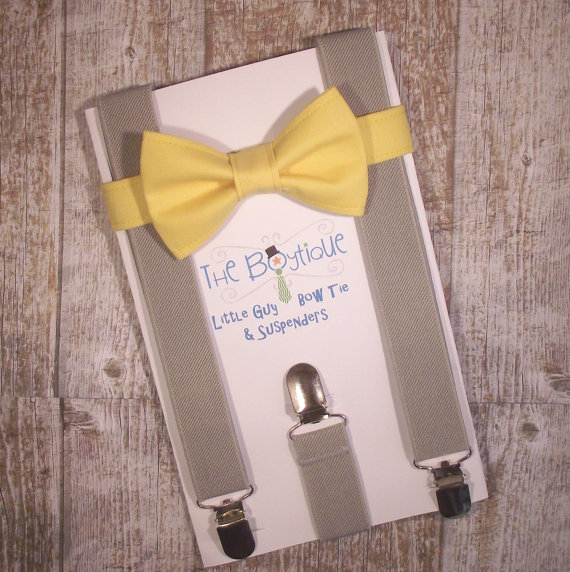 Wedding - Yellow Bow Tie and Grey Suspenders, Toddler Suspenders, Baby Suspenders, Ring Bearer