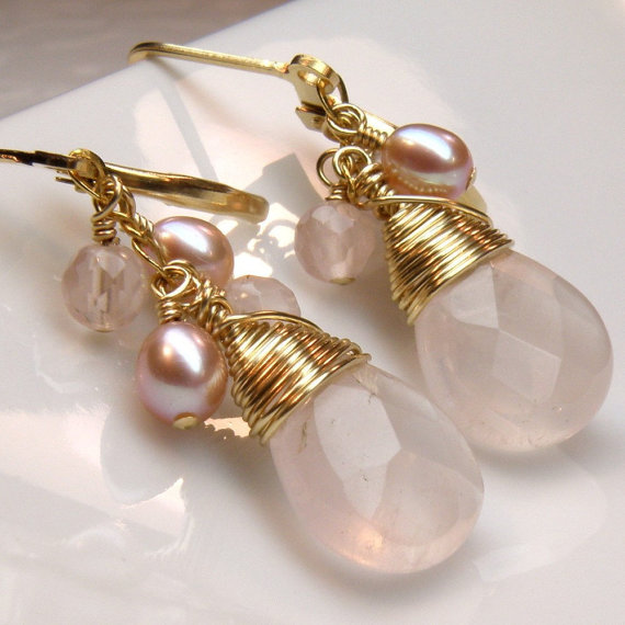 Hochzeit - Rose Quartz Earrings, Pink Earrings, Gold Filled, Light Pink Stone, Gemstone Cluster, Spring Wedding Mother of the Bride Jewelry