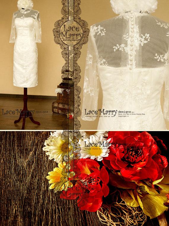 زفاف - Short Lace Wedding Dress with Sleeves and Illusion Neckline, Features Full Lace Back with Button Design