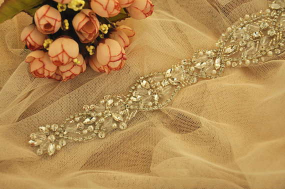Wedding - Crystal and Rhinestone Beaded Applique Bridal Belt Wedding Sash Applique
