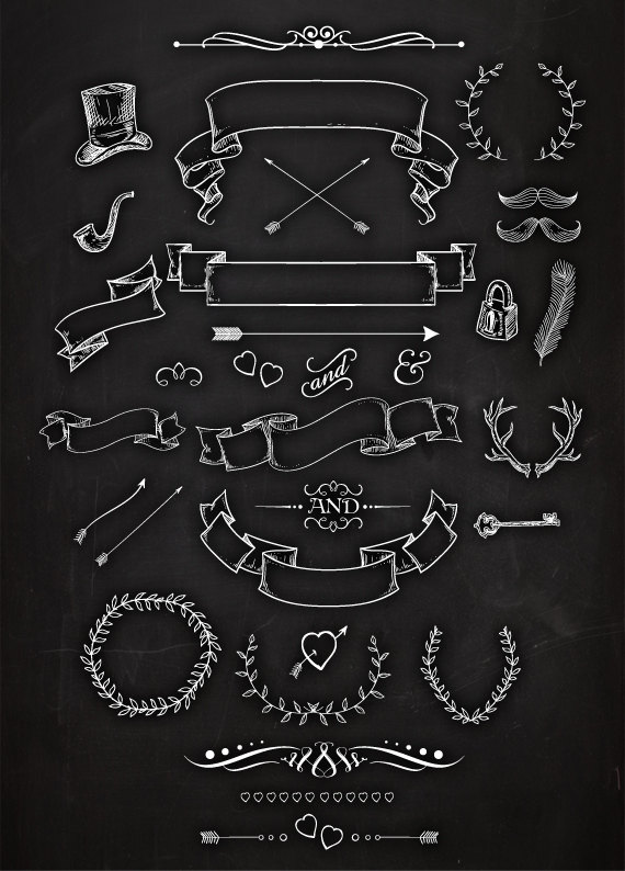 Свадьба - Chalkboard  clipart, Laurels, Ribbons, Wreaths, Banners, Arrows,  Scrapbooking, Wedding invitations, Instant download, Png and Eps