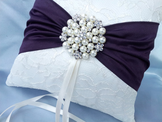 Hochzeit - Ivory Dark Purple Ring Bearer Pillow Lace Eggplant Ring Pillow Pearl Rhinestone Accent