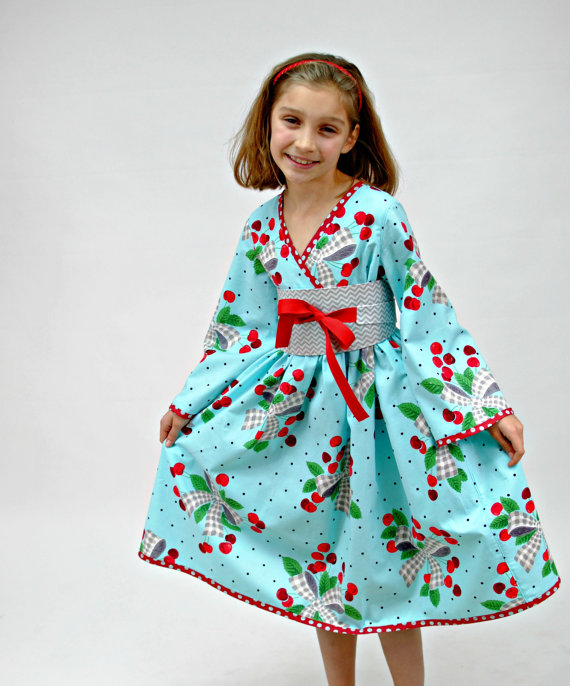 Wedding - Girls Kimono Dress, Girls Dresses, Flower Girl Dress, Toddler dresses, Asian style, cute, boutique, blue, red, size 2T, 3, 4, 5, 6, 7, 8