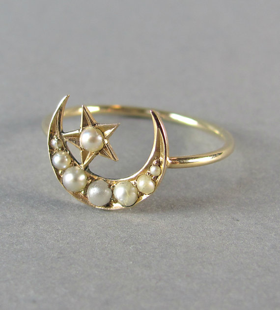 Wedding - BEAUTIFUL delicate antique Victorian seed pearl moon and star ring, antique engagement ring, promise ring, stacking ring, delicate gold ring