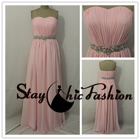 Wedding - Jewels Beaded Waist Pink Long Pleated Strapless Chiffon Evening Dress, Pink Sequined Waist Long Prom Dress for Women
