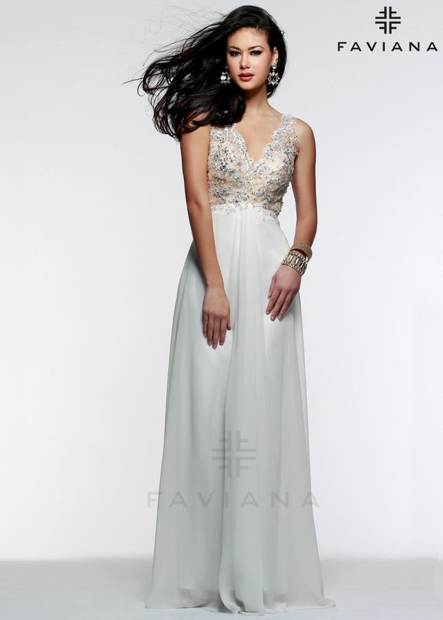 Mariage - 2015 White long Faviana S7504 Chiffon Lace V-Neck Evening Prom Gown