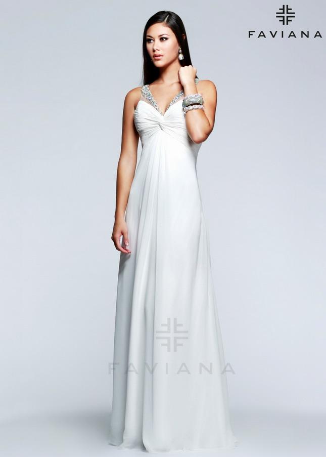 Свадьба - Beaded Straps White Long V-Neck Faviana 7515 Open Back Chiffon Gown