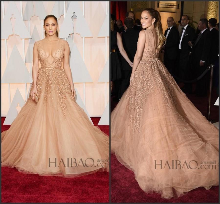 زفاف - 2015 87th Oscar Jennifer Lopez Celebrity Evening Dresses Court Train Nude Deep V-Neck Sexy Party Formal Gowns Red Carpet Beads Applique Online with $146.86/Piece on Hjklp88's Store 