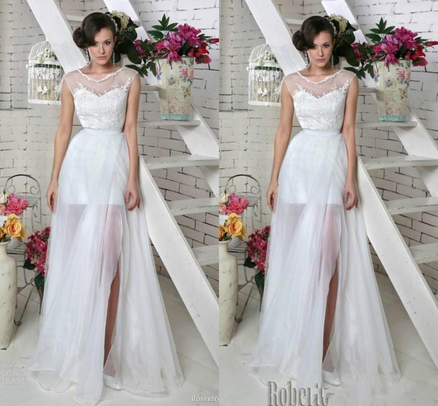 Hochzeit - New Style Roberto Motti Inspired 2015 Wedding Dresses Appliqued Beads Organza Bridal Gown with Split Side And See Through Sheer Neck Party Online with $113.04/Piece on Hjklp88's Store 