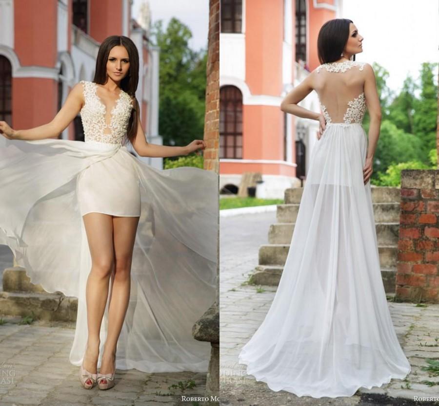Hochzeit - Inspired Roberto Motti 2015 Wedding Dresses Appliqued Backless Beads Spilt Side Chiffon Sheath Bridal Gown See Through Sheer Neck Party Online with $111.26/Piece on Hjklp88's Store 