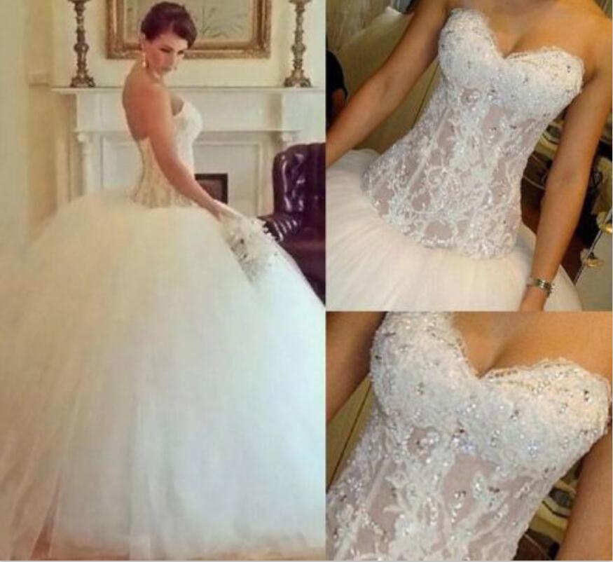 Mariage - Elegant Wedding Dresses Lace A-Line 2015 Real Picture Sequins Lace Up Tulle Sweetheart Cheap Chapel Train Bridal Dress Ball Gowns Custom Online with $129.06/Piece on Hjklp88's Store 