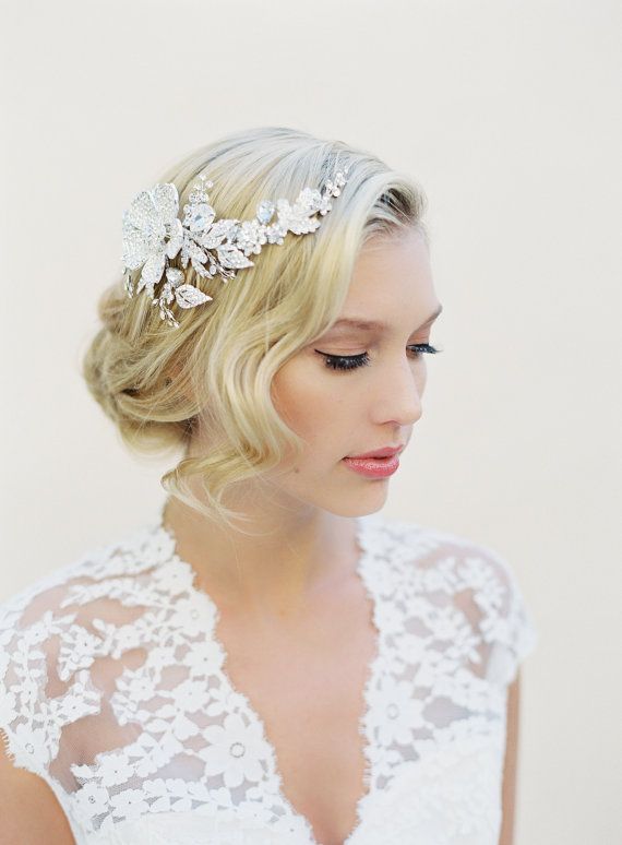 زفاف - Bridal Silver Wired Hair Comb, Swarovski Crystal Wreath, Bohemian Halo Wedding Hair Accessory, Style: Eileen #1509