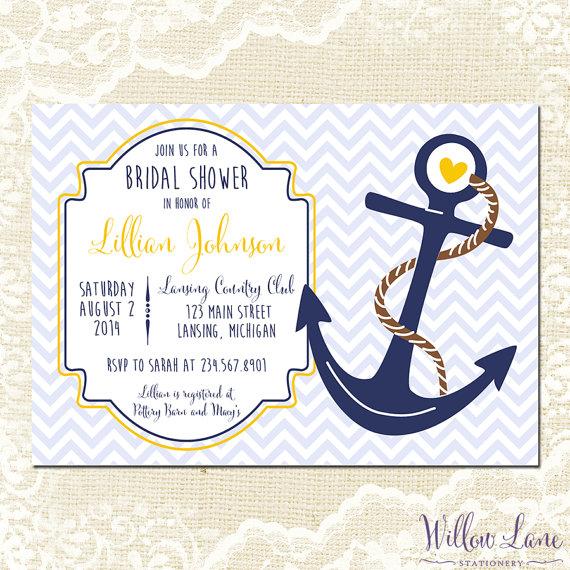 Свадьба - Nautical Bridal Shower Invitation - Anchor Bridal Shower Invite - Yellow Navy Chevron Nautical Wedding Shower Invitation - 1200 PRINTABLE