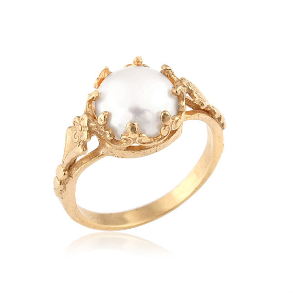 زفاف - 14k Gold Freshwater Cultured Pearl Engagement Ring, Unique Engagement Ring