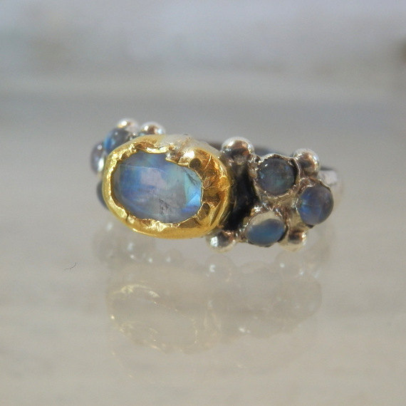 Mariage - Spring Weddings, Silver 24K Solid Gold Faceted Moonstone Caterina Ring, Organic Engagement Ring, Engagement Ring