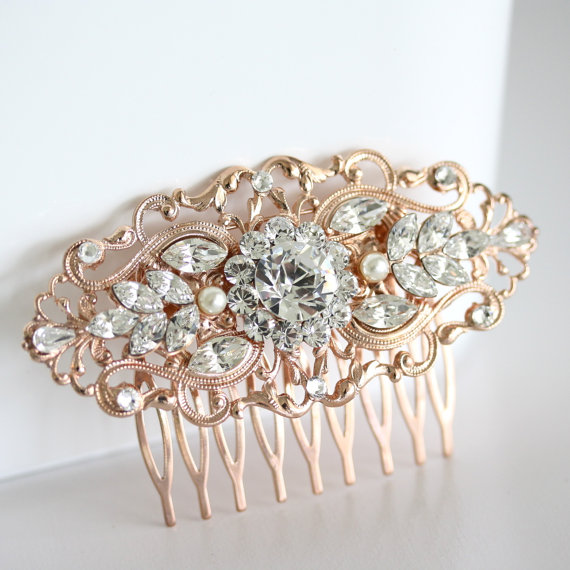 Свадьба - Rose Gold Wedding Hair Comb Art Deco Bridal Hair Accessories Vintage Filigree Comb Pearl Crystal  Hair Piece. BELLA 2