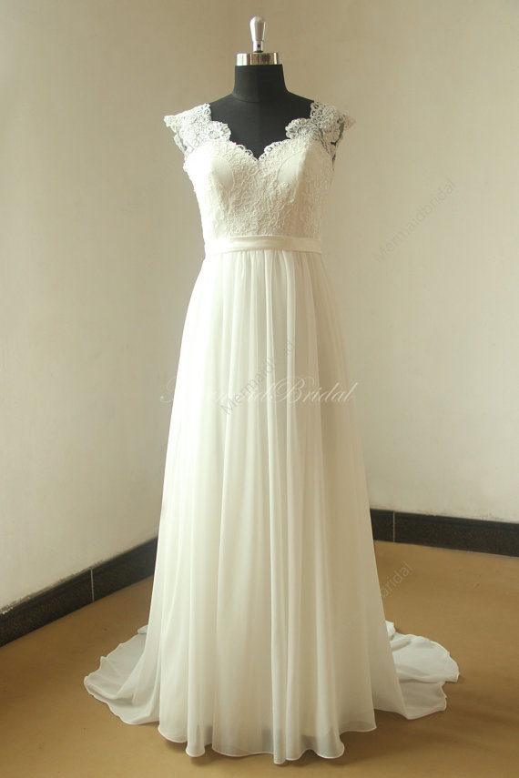 Wedding - Open back chiffon lace wedding dress with deep v neckline and capsleeves