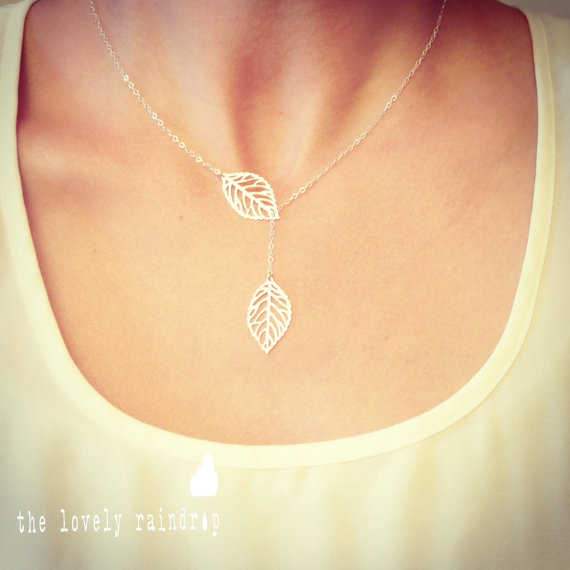Wedding - Leaf Lariat Petite - silver grey white small delicate leaf pendants - sterling silver chain - Wedding Jewelry - Bridal - Dainty Small