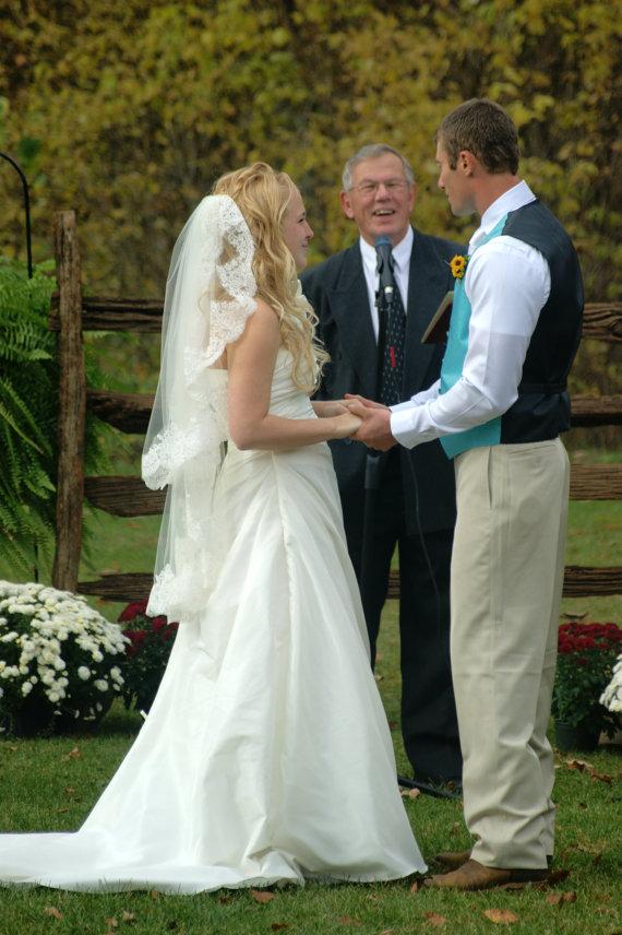 زفاف - Alencon Lace Fingertip Two Layer Wedding Veil