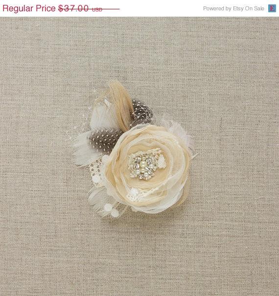 Mariage - Vintage Rustic bridal hairpiece, Wedding hair accessories, Polka dot Fascinator Hairclip Flower Nude Beige Ivory Pearls Lace tulle Feather