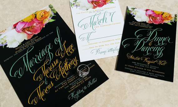 Wedding - Flourishing Script with boquet Wedding Invitations. Trendy Type Invitations. Fancy lettering wedding invitations