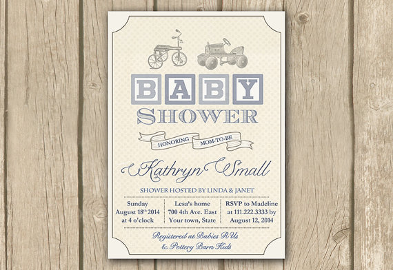 Mariage - Vintage toys baby shower invitation, PRINTABLE baby boy shower invite, baby blocks shower invitation, blue taupe baby shower invitation