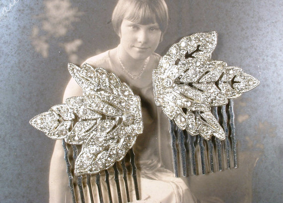 Свадьба - Original 1920s PAIR OoAK Flapper Rhinestone Leaf Bridal Hair Combs, Vintage Art Deco Silver Pave Dress Clips to Wedding HairPiece Accessory
