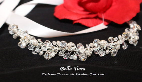 Wedding - swarovski crystal headband, wedding headpiece, wedding headband, bridal ribbon headband, ivory pearl wedding headpiece
