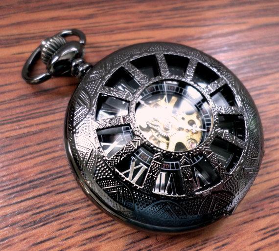 Свадьба - Sale of The Week Mens Pocket Watch with Chain Black Pewter Mechanical Personal Gift Mens Gift Groomsmen Gift Engravable Ships from Canada