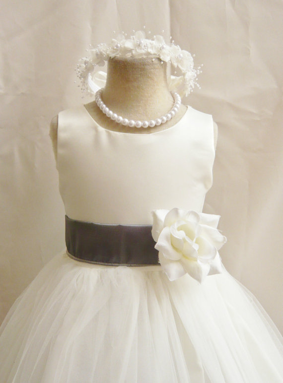 زفاف - Flower Girl Dresses - IVORY with Gray (FD0FL) - Wedding Easter Junior Bridesmaid - For Children Toddler Kids Teen Girls