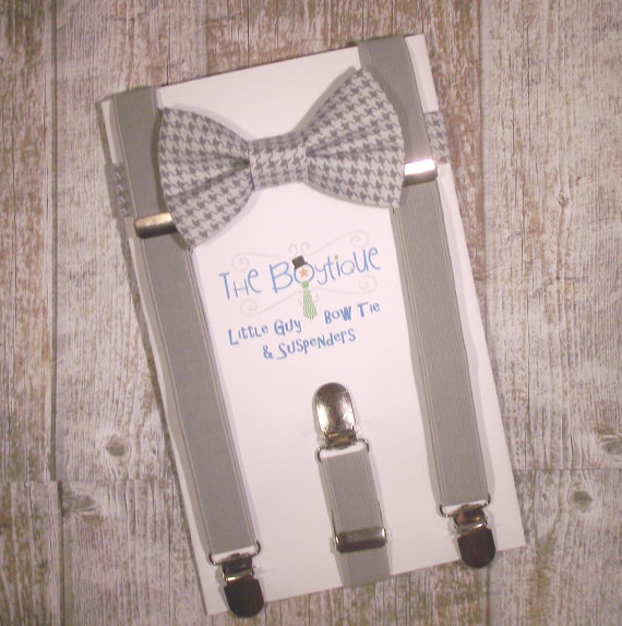 Wedding - Grey Bow Tie and Suspenders: Grey Houndstooth with Light Grey Suspenders for Toddler, Boys, Baby