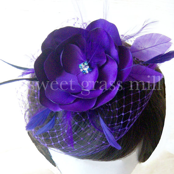 Свадьба - Regal Purple Satin Flower Feather Fascinator Hat  "Lady Fleur in Violet"