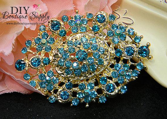Hochzeit - Blue Crystal Gold Rhinestone Brooch - Wedding Jewelry - Wedding Brooch Pin Accessories - Brooch Bouquet - Bridal Brooch Sash Pin 60mm 257198