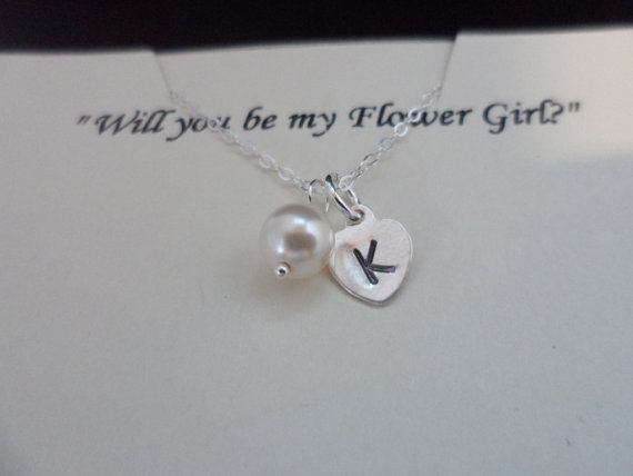 زفاف - SALE - Will You Be My Junior Bridesmaid? - Sterling Silver Initial Heart Charm and Pearl Necklace, Wedding Jewelry, Flower Girl Gift