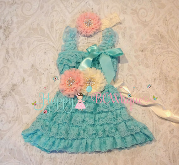 Hochzeit - Ivory Blush Aqua dress set,  Flower girls dress, Aqua Dress, Flower Girl lace dress,girls dress,toddler dress,Baby girls,Birthday dress,baby