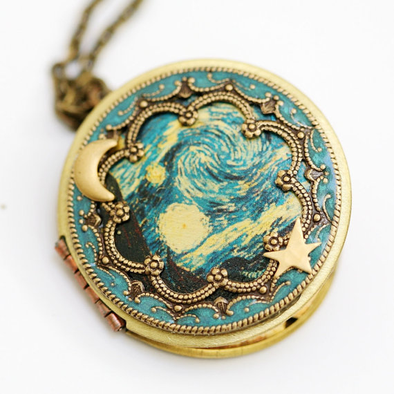 Wedding - Locket, Necklace, jewelry gift,Pendant,Moon and Star Locket, Wedding,The Starry Night bridesmaid gift locket necklace,vincent van gogh