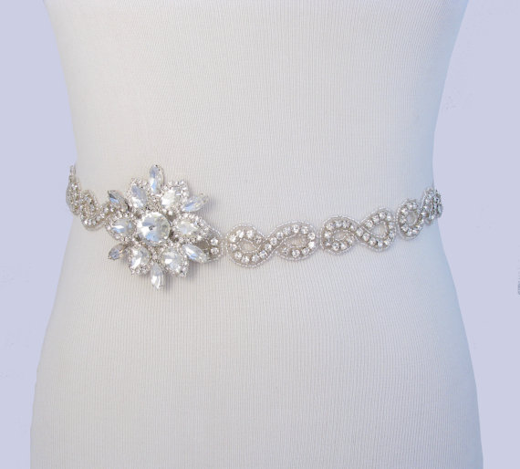 زفاف - Infinity Crystal Satin Sash, Beaded Rhinestone Bridal Belt, Jeweled Wedding Dress Sash, Flower Silver Gown Belt, 35 Satin Ribbon Options
