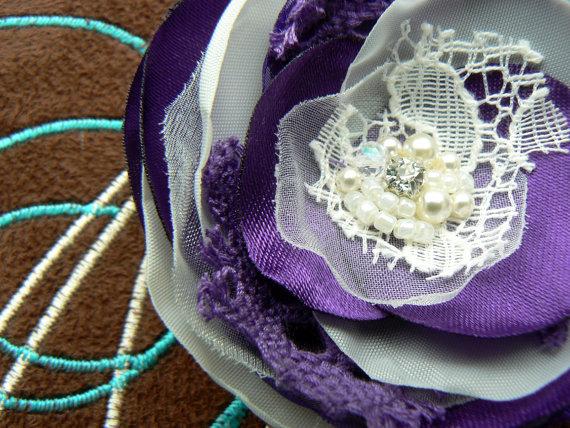 Mariage - Ivory, purple wedding flower hair clip, bridal hair flower, bridal hairpiece, bridal hair clip, wedding hair flower,wedding hair accessories