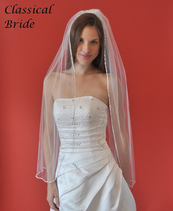زفاف - SATIN RIBBON EDGE 1 Tier 40 Inch Fingertip Veil in White or Ivory Tulle, custom handmade bridal wedding veil