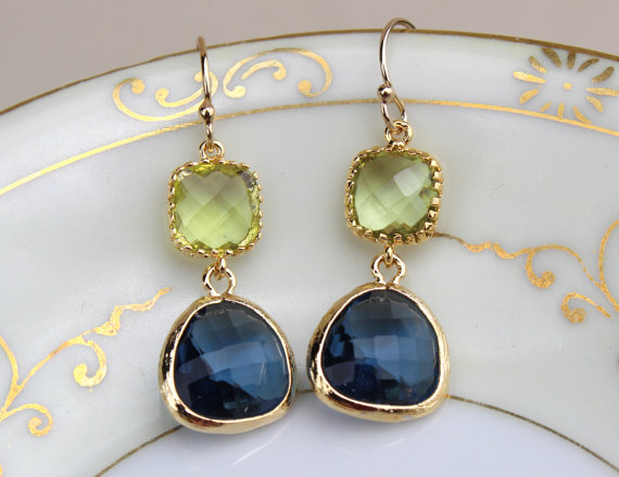 زفاف - Peridot Green Earrings Sapphire Navy Gold Plated Glass - Bridesmaid Earrings - Wedding Earrings - Bridesmaid Jewelry - Wedding Jewelry