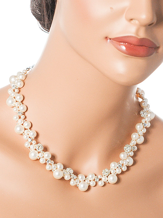 Wedding - Swarovski Bridal Necklace, Crystal and Pearl Cluster Wedding Necklace, Rhinestone Statement Necklace, Modern Vintage Style Jewelry, KRISTY