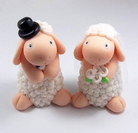 Wedding - White Sheep Couple, Custom Wedding Cake Topper,  Personalized Figurines, Made To Order
