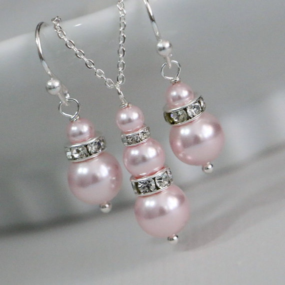Hochzeit - CHOOSE YOUR COLORS Swarovski Light Pink  Pearl Necklace and Earring Set, Pink Bridesmaid Jewelry Set