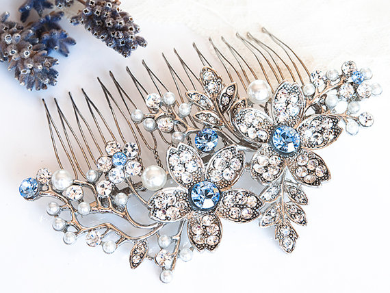 زفاف - Wedding Hair Accessories, Vintage Style Flower and Leaf Rhinestone Bridal Hair Comb, BLUE Swarovski Crystal and Pearl Wedding Comb, SHERI