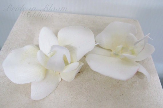زفاف - Wedding hair accessories Orchid bobby pins White real touch set of 2 Bridal hair accessory