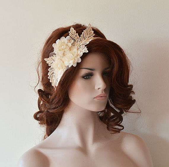 Свадьба - Wedding Headband, Champagne Lace Vintage İnspired Headband, Rustic Bridal Headband, Bridal Accessories, Wedding Accessories