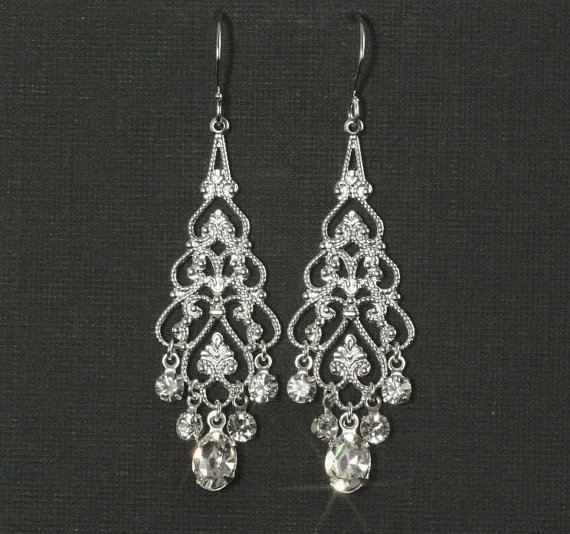 Mariage - Rhinestone Chandelier Earrings -- Chandelier Bridal Earrings, Wedding Jewelry, Wedding Earrings, Silver Filigree, Rhinestones -- EMMA
