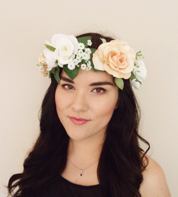 زفاف - Peach White Rose Babys Breath Leaf Floral Crown - Floral Headband, Flower Crown, Floral Wreath, Wreath, Wedding, Bridal, Festival
