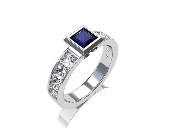 Wedding - Blue sapphire engagement ring, princess cut sapphire, white gold, white sapphire, bezel, unique, solitaire engagement ring, blue, wedding